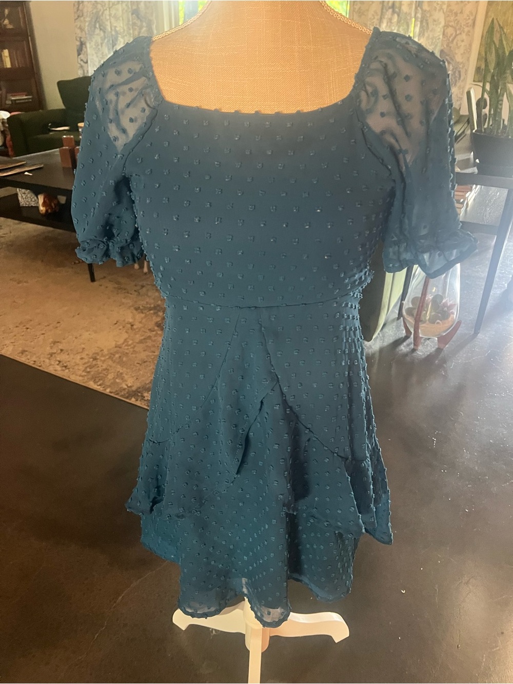 Girls' Teal Textured Puff-Sleeve Casual Dress